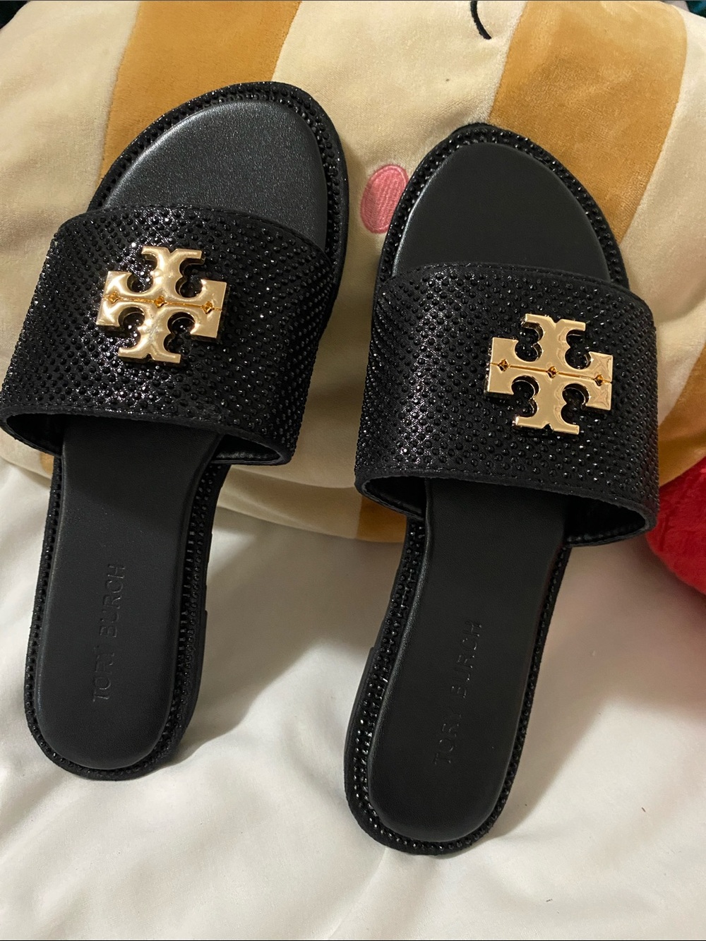 Tory Burch Black Slide Sandals with Gold Logo Medallions